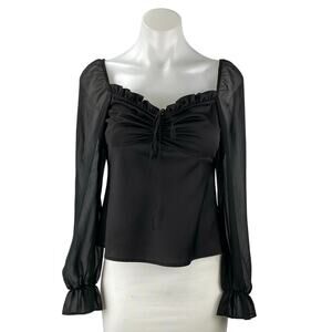Topshop Women's Black Ruffle Ruched Front Sheer Long Puff Sleeve Blouse Top Sz 4